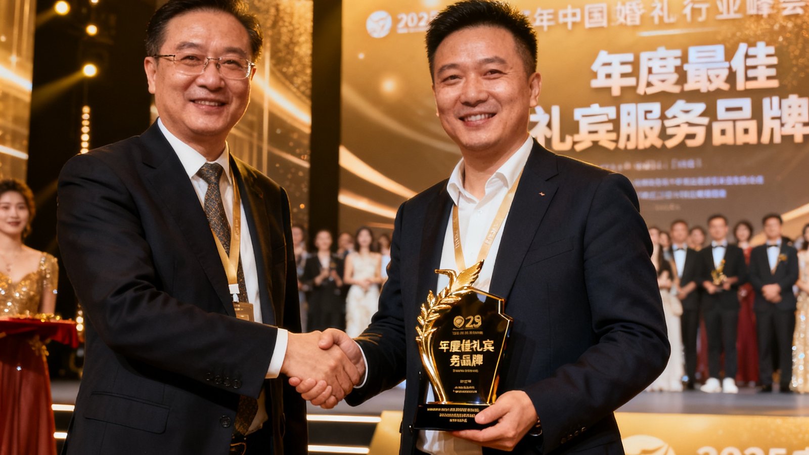 美狮贵宾会代表在2025年中国婚礼行业峰会上领取年度最佳礼宾服务品牌奖杯的场景，舞台灯光璀璨，颁奖嘉宾与获奖者握手致意