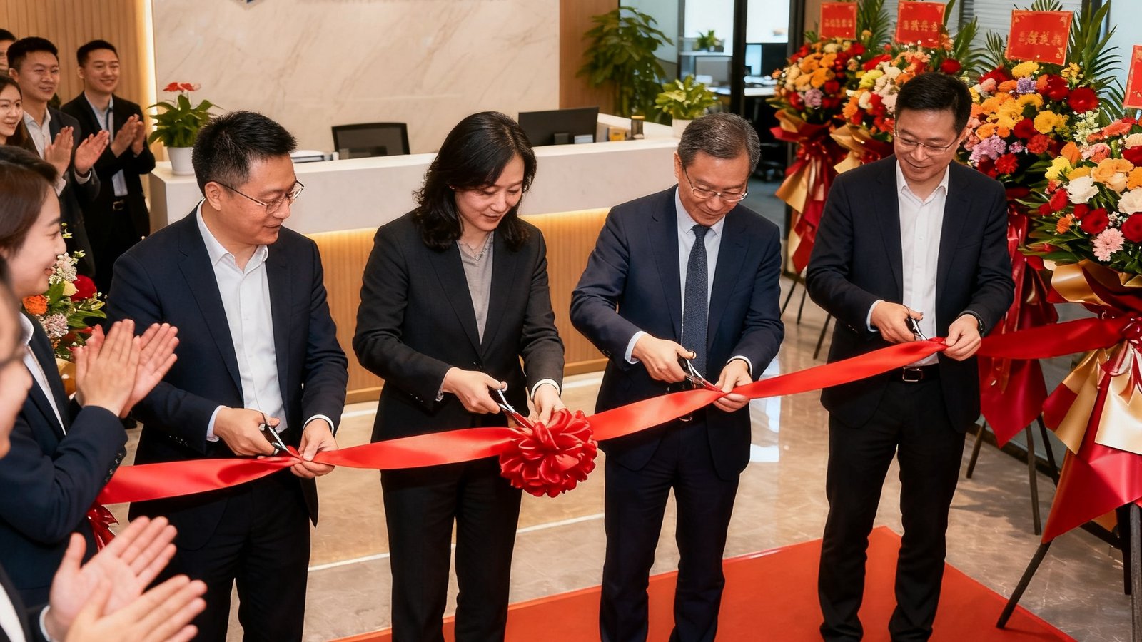 美狮贵宾会成都分公司开业典礼现场，公司管理层共同剪彩，背景是新装修的办公室前台和祝贺花篮，员工们鼓掌庆祝