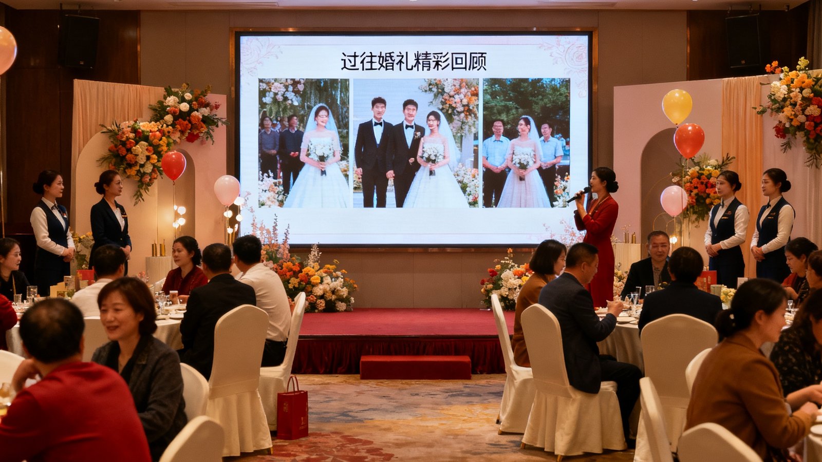 美狮贵宾会年度客户答谢晚宴现场，宴会厅内布置温馨雅致，新老客户与礼宾团队欢聚一堂，大屏幕上播放着过往婚礼的精彩回顾视频