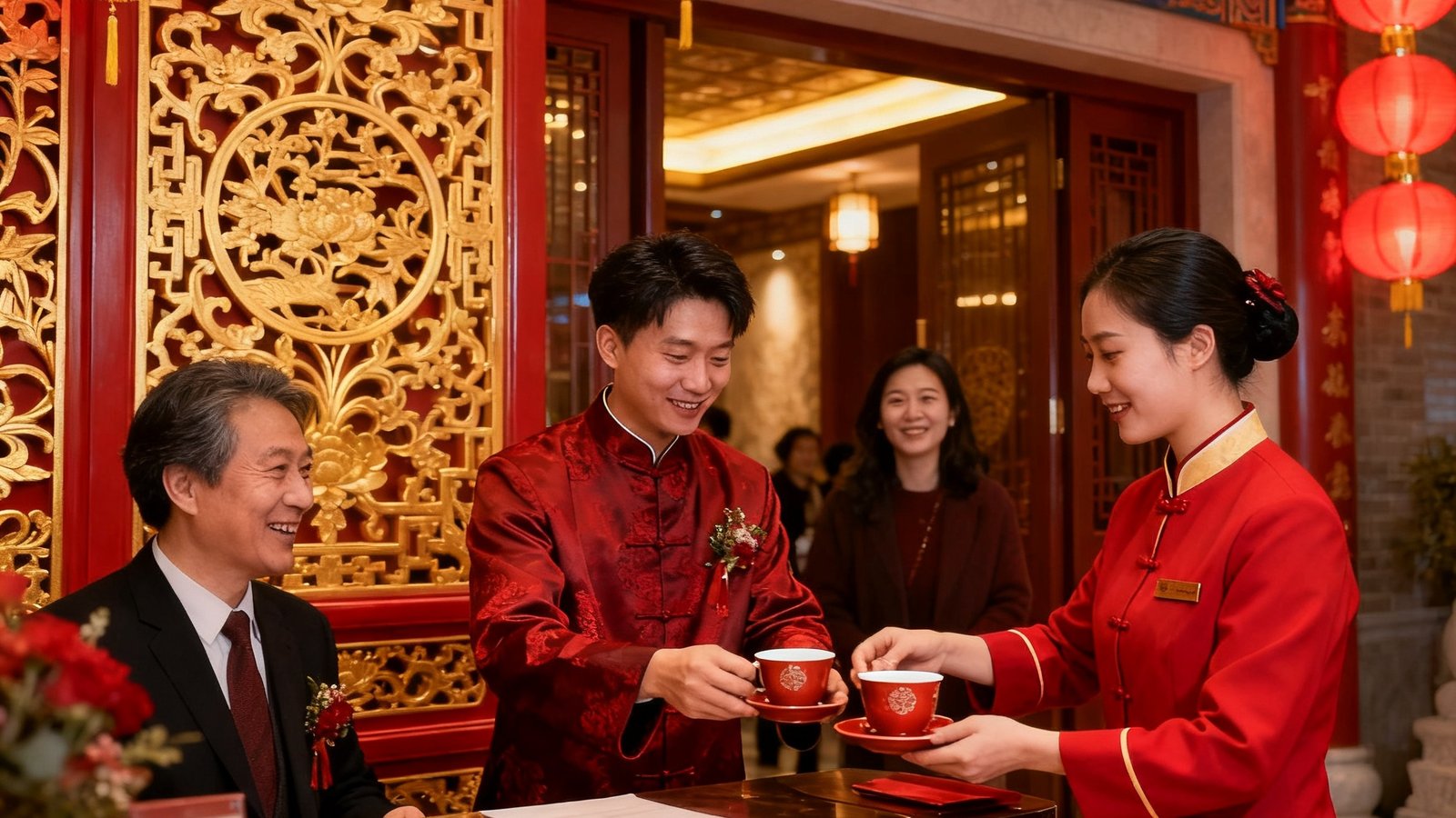 中式婚礼贵宾接待场景，红色与金色为主调的接待区，雕花屏风与红灯笼装饰，礼宾人员身着中式制服为来宾递上热茶，背景是传统喜庆的婚礼堂入口