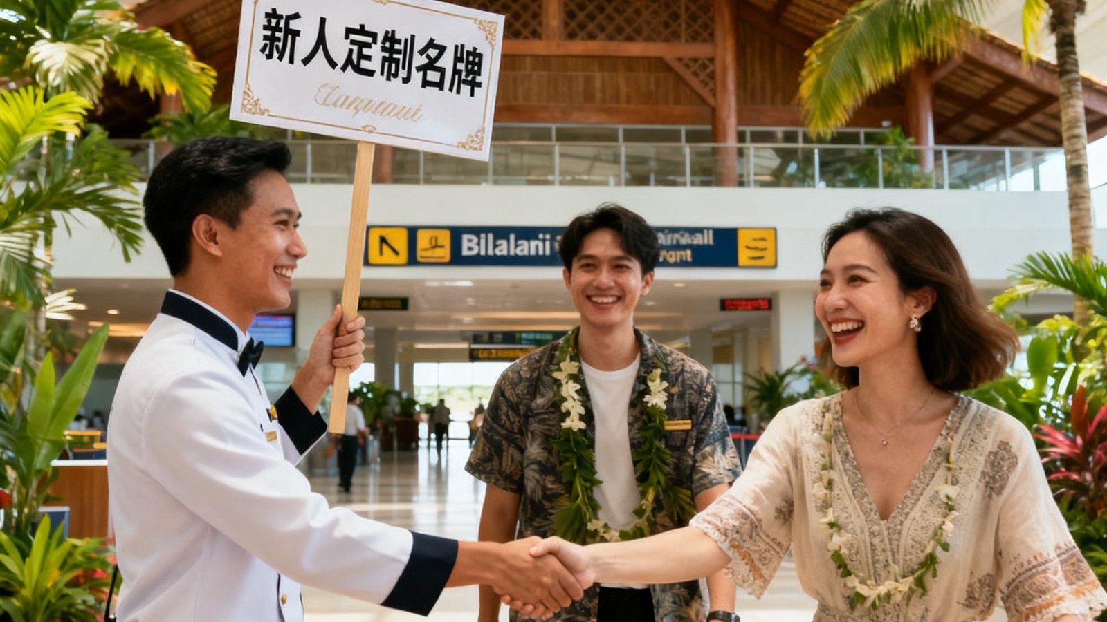 海外婚礼机场接机场景，礼宾人员在巴厘岛机场到达大厅举着新人定制名牌迎接来宾，背景是热带风格的机场建筑，来宾面带笑容与礼宾人员握手