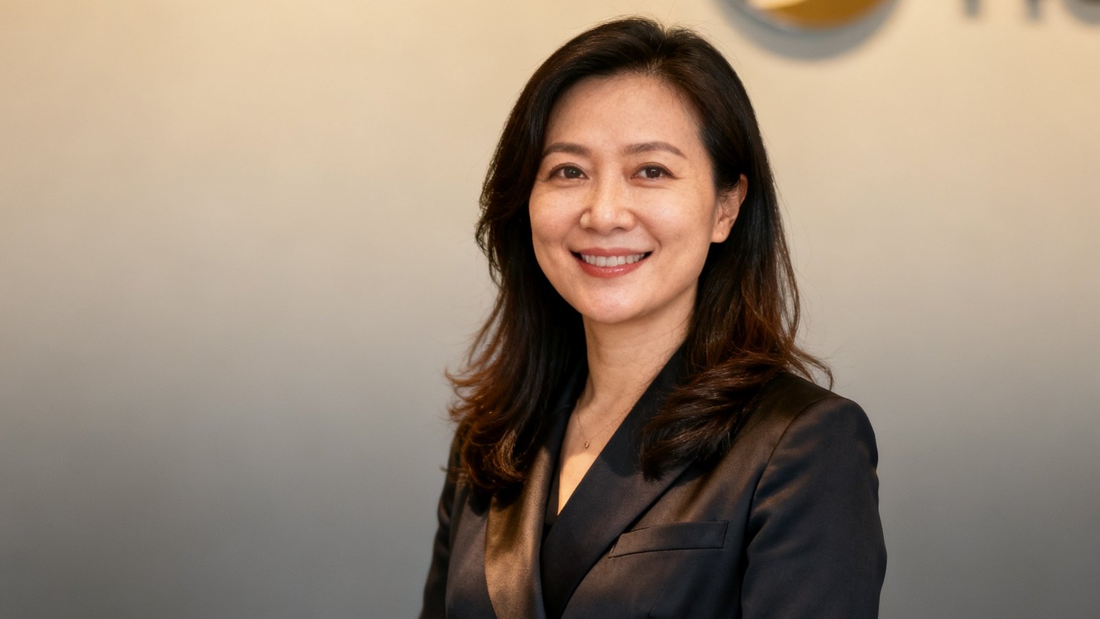 美狮贵宾会创始人陈美玲女士的职业肖像照，她身着深色职业套装，面带微笑站在公司品牌墙前，气质优雅干练，背景隐约可见公司logo